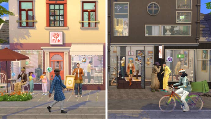 A split-screen view envisions the same Sims 4 townhouse as two different home businesses: a pastel-coloured sweetshop on the left, and a chic art gallery on the right.