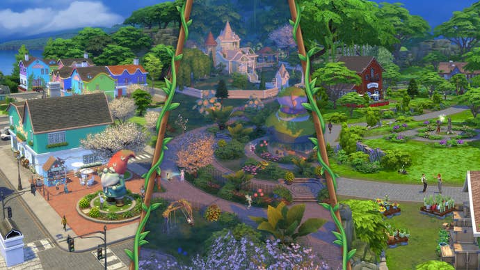 Aerial views of the three neighbourhoods featured in Innisgreen in The Sims 4 Enchanted by Nature expansion pack: on the left an Irish-inspired seaside village, in the centre a fantastical glen featuring a castle-like house, and on the right a green forest glade with wooden buildings among the trees.